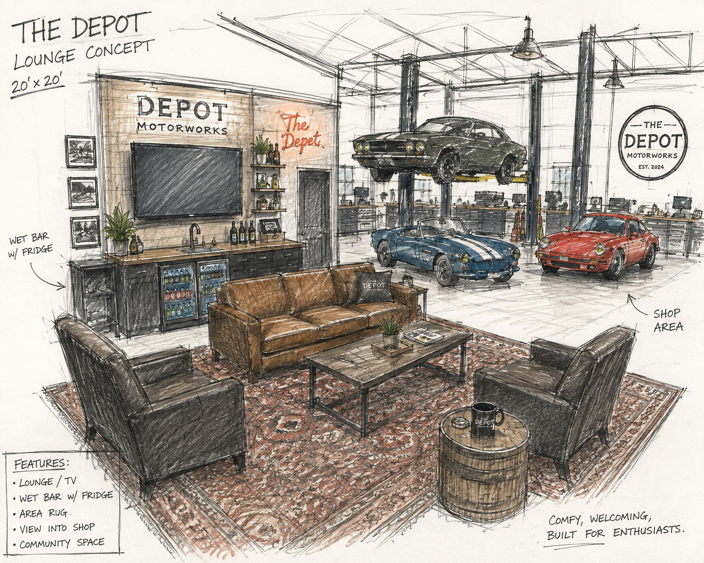 Hand-drawn concept sketch of The Depot lounge and workshop