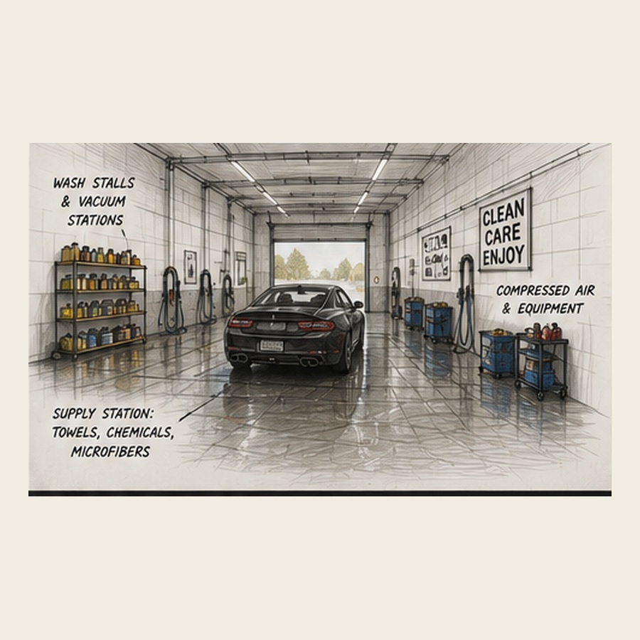 Concept sketch of The Depot DIY detail bay in the drive-through section of the building