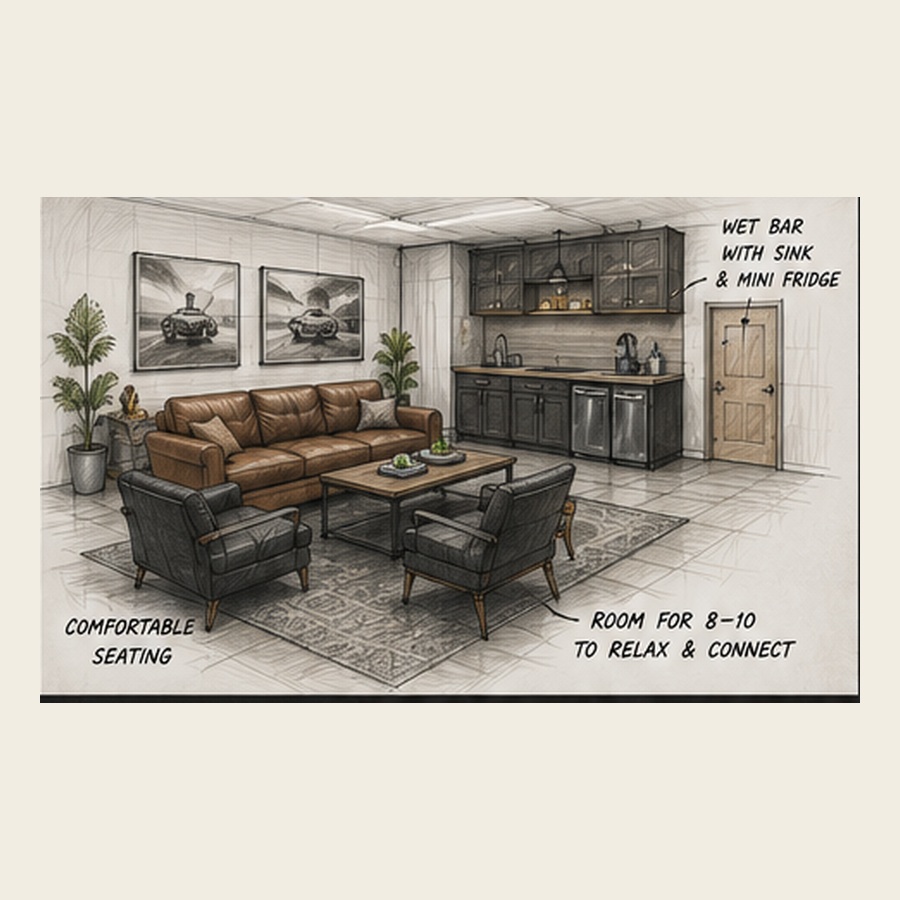 Concept sketch of The Depot members lounge, approximately 25 feet square, with comfortable seating and a compact wet bar